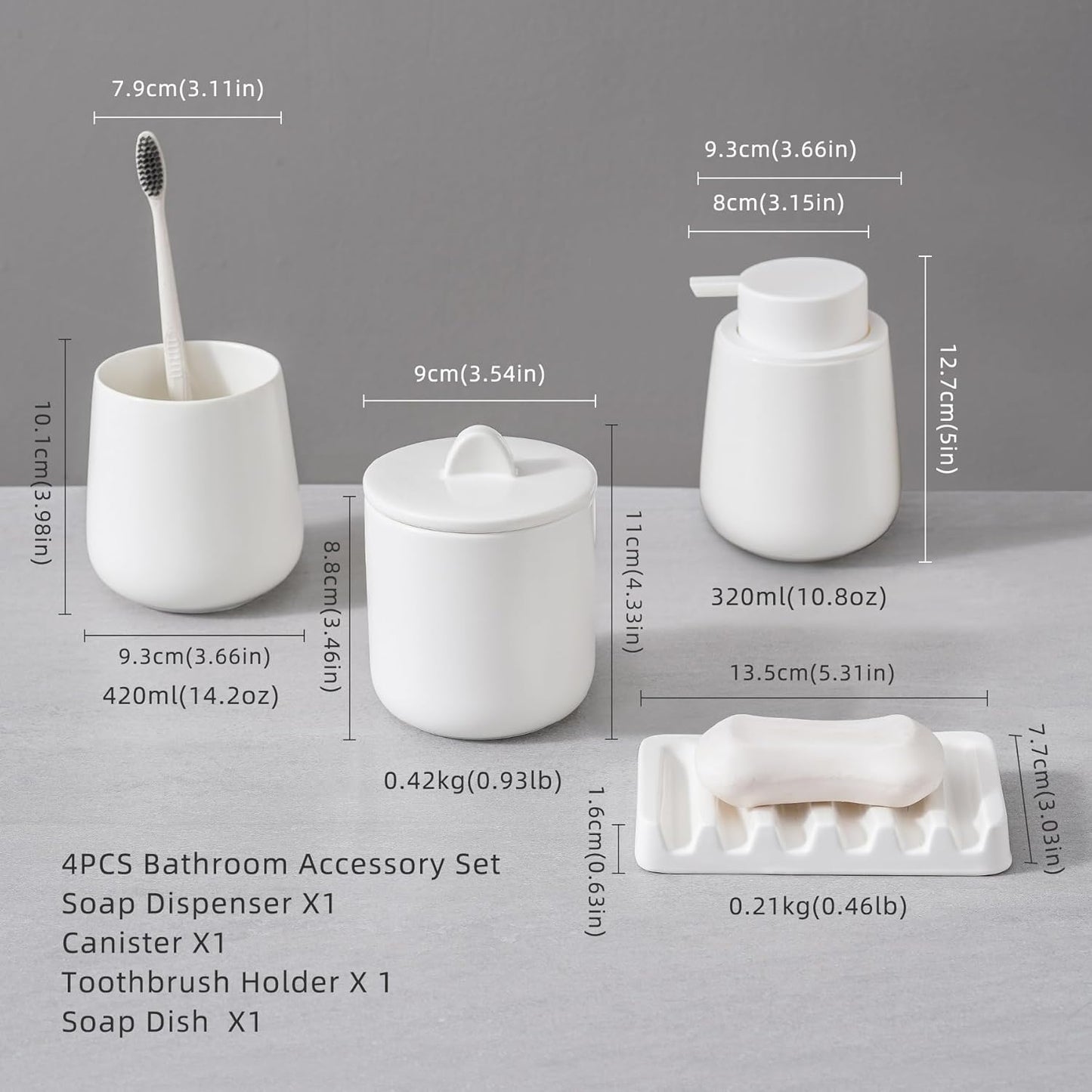 Ceramic Bathroom Accessories Set, Lotion Soap Dispenser and Toothbrush Holder Set, Soap Dish, Apothecary Jars,4 Pieces for Home Modern Bathroom Decor Vanity Countertop(White Set - Liquid)