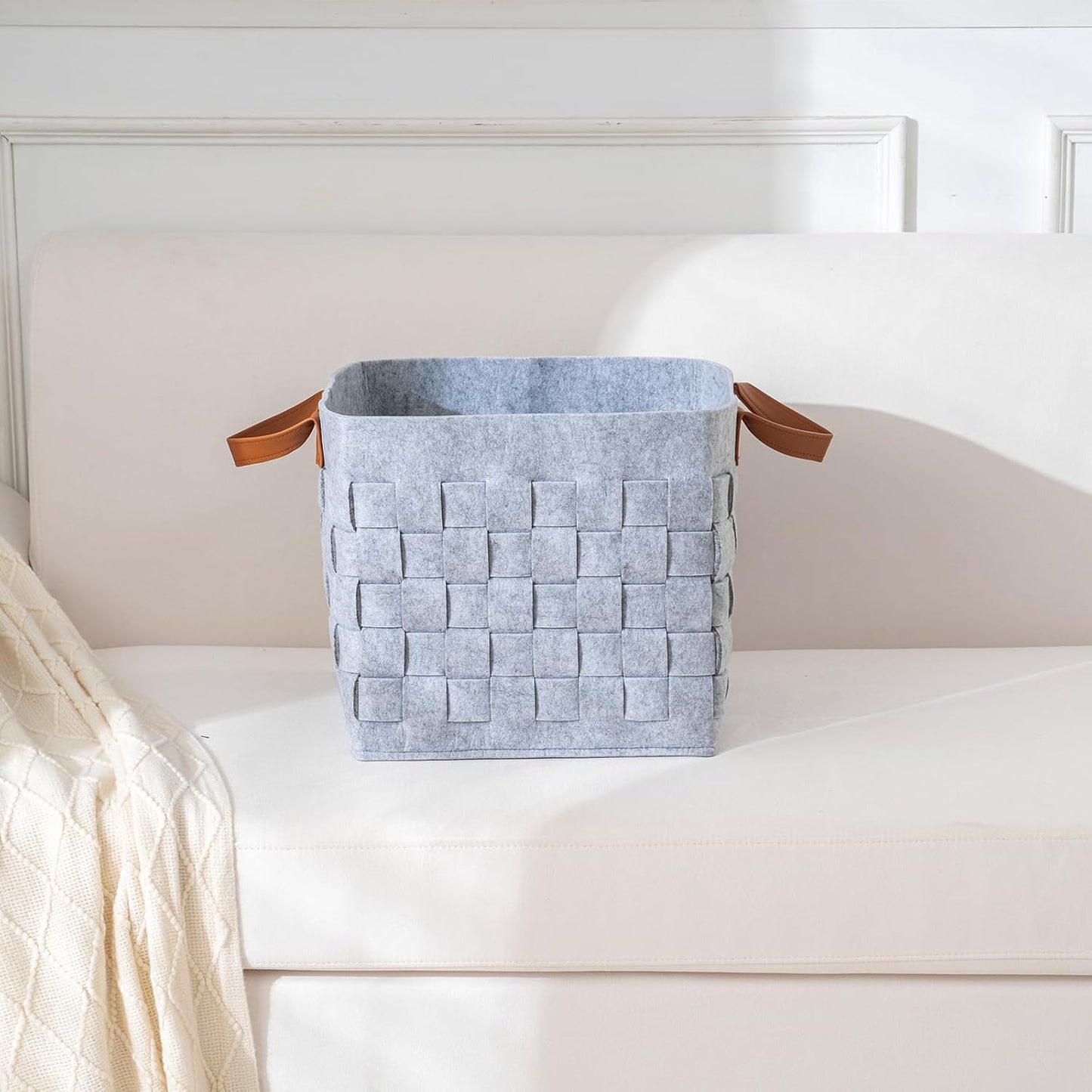 Storage Basket 3 Pack, 13" x13" x13 " Large Blanket Baskets with Leather Handle, Cube Felt Fabric Storage Box for Shelves, Bedroom, Nursery, Living Room - Light grey