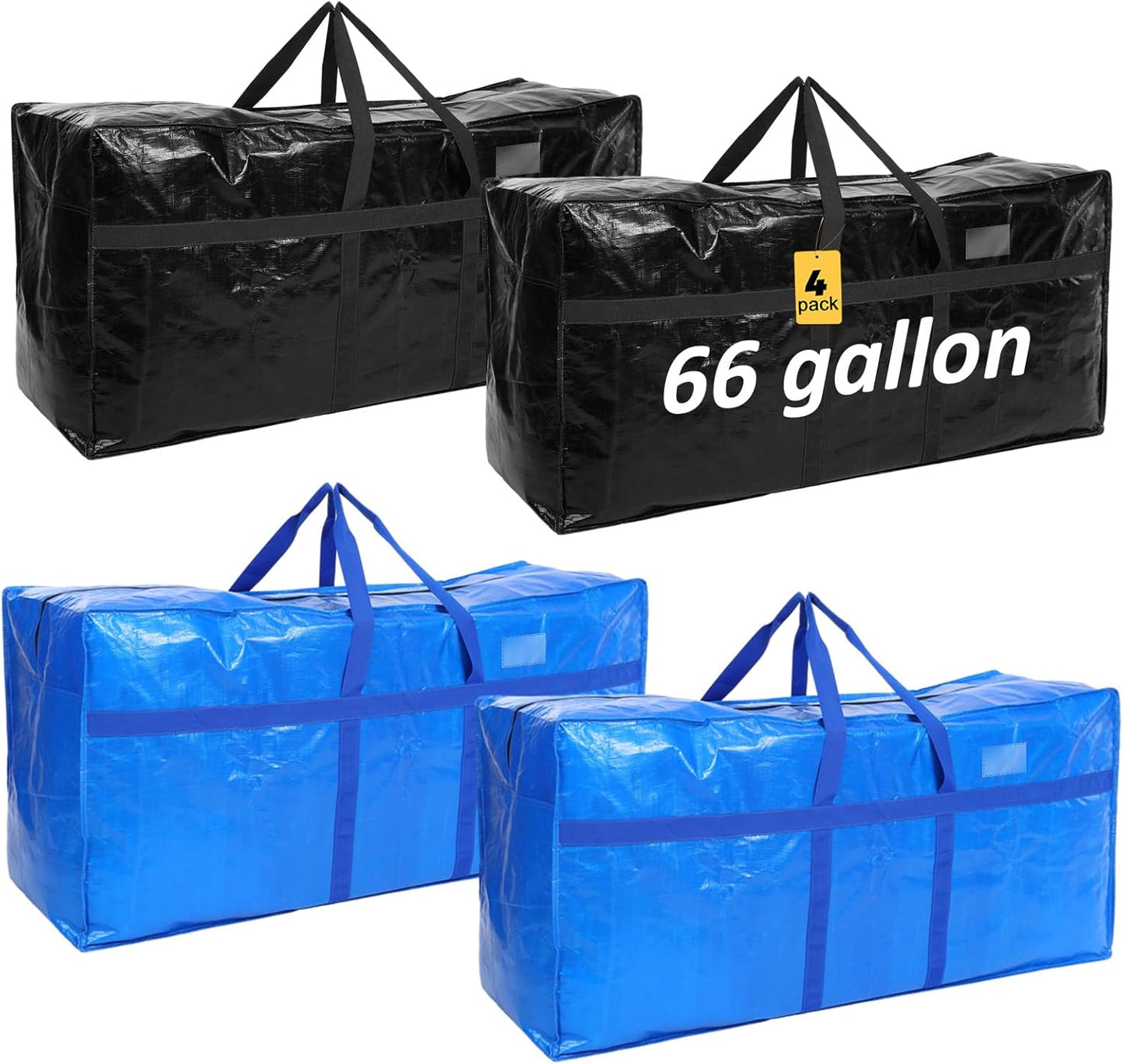 4 Pcs 66 Gallon Large Moving Bags with Zipper and Handles Foldable Storage Duffle Bags Heavy Duty Extra Large Totes for College Dorm Travel Clothes Blankets Bedding Moving (Black, Blue)