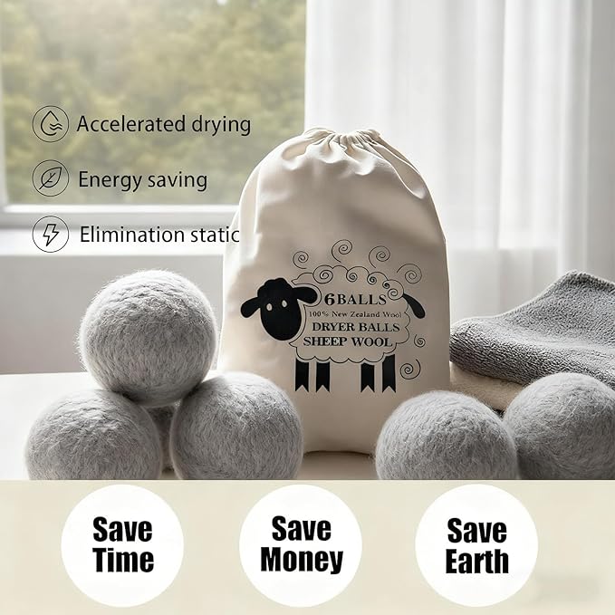 6 Pack Wool Dryer Balls Laundry Reusable Anti Static, Cotton Balls Wool Laundry Balls for Dryer Reduces Clothing Wrinkles Natural Fabric Softener Last 1000+ Loads (Grey, 2.75 in/7 cm)