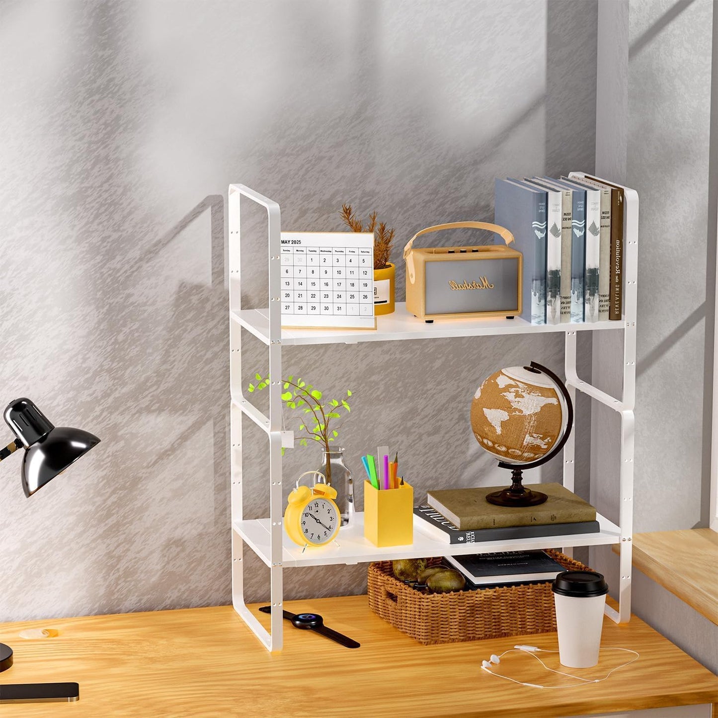 Redrubbit 2 Pack Expandable Cabinet Shelf Organizers, Stackable Kitchen Counter Shelves Spice Rack for Kitchen Bathroom Pantry Cupboard Desk Home Office, White-Large