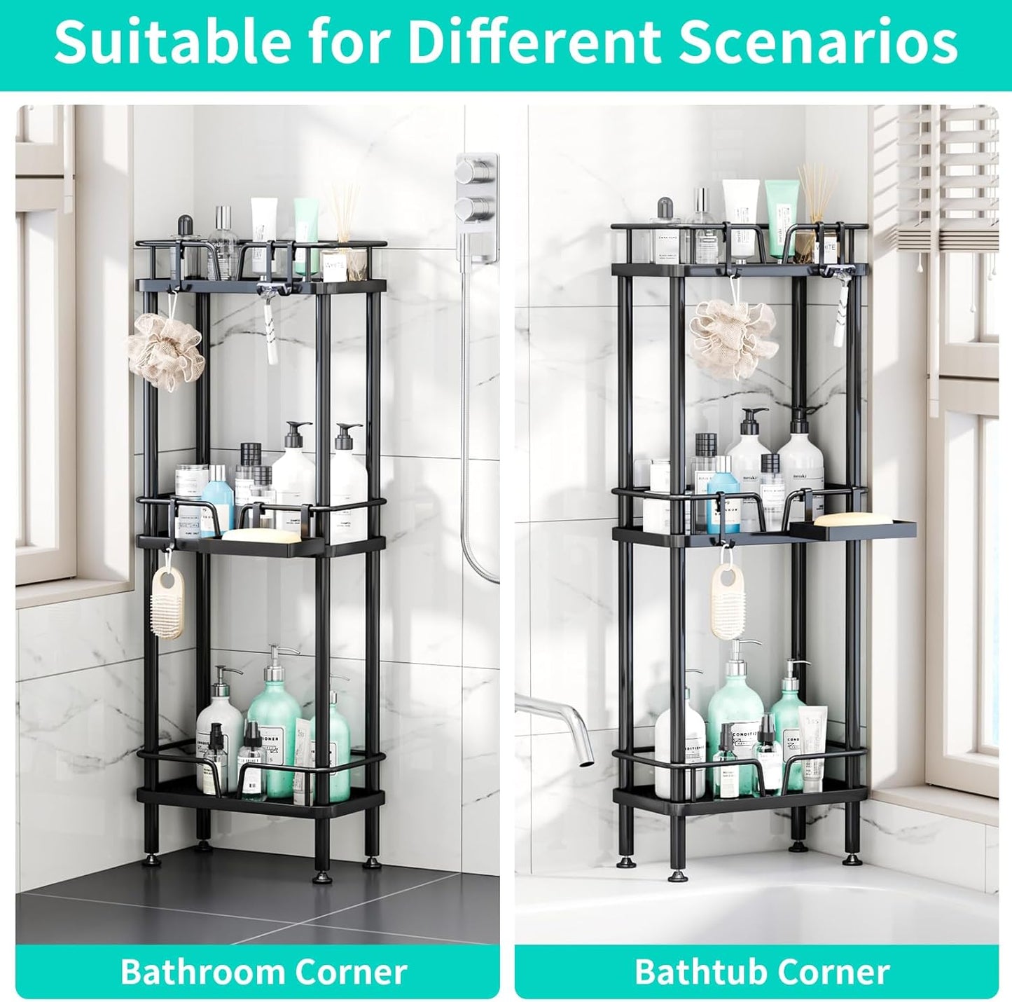 HapiRm Standing Corner Shower Caddy - 3 Tier Corner Shower Organizer with Soap Holder, Rustproof Stainless Steel Bathroom Shelf with 4 Hooks, Black