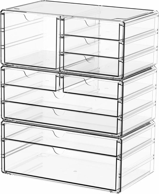 Yieach 3Pack Clear Drawer Organizers Stackable,Acrylic Storage Drawers With 10 Drawers,Multipurpose Office Supply Organizer and Makeup Organizer for Beauty,Craft,Pen,Medical,Stationary Desk Organizers