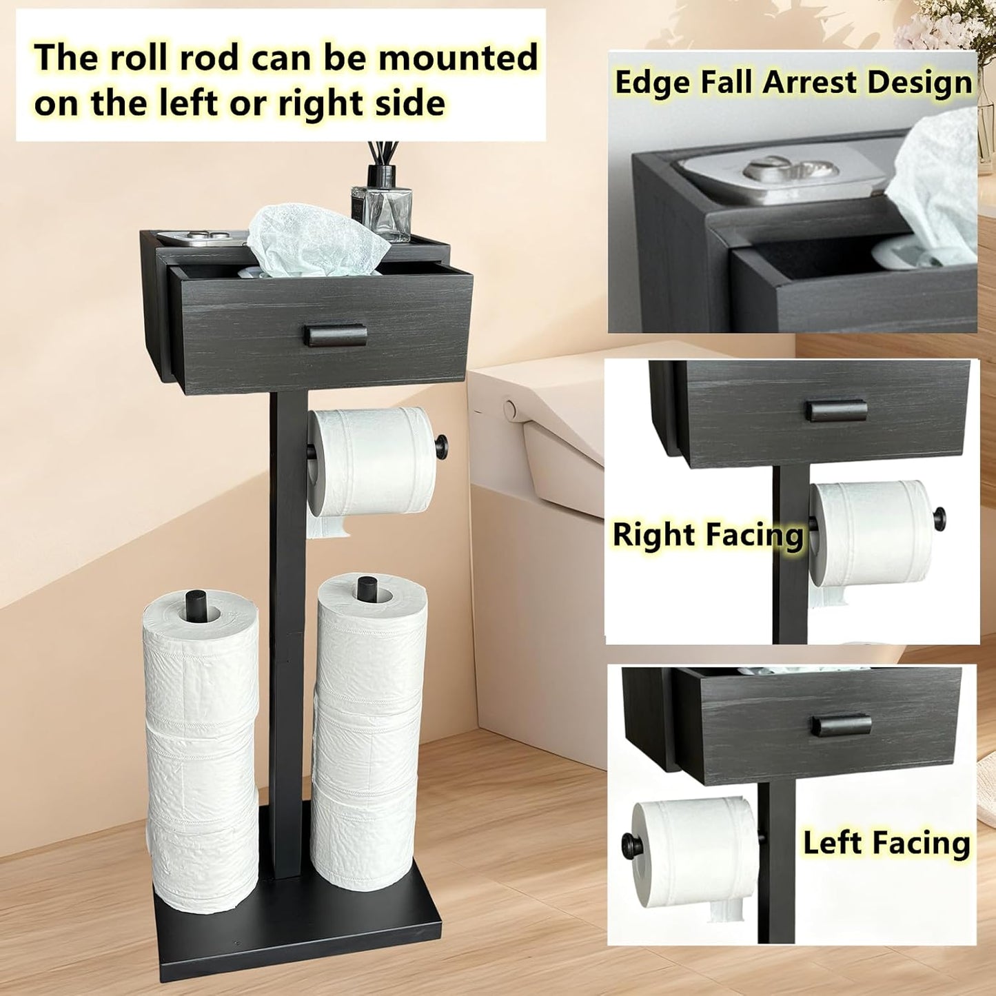 Freestanding Toilet Paper Holder Stand with Shelf, Black Wood Toilet Paper Roll Holder with Wet Wipes Storage Drawer,Bathroom(2 Rods,Stores 6 Rolls)