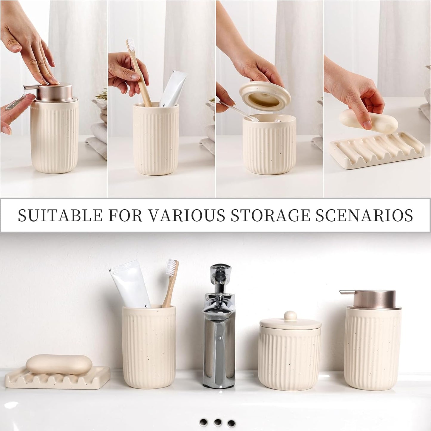 BosilunLife Bathroom Accessories Set - Ceramic Bathroom Set Bathroom Decor Sets Bathroom Counter Lotion Soap Dispenser and Toothbrush Holder Set, Soap Dish, Apothecary Jar (Striped Apricot)