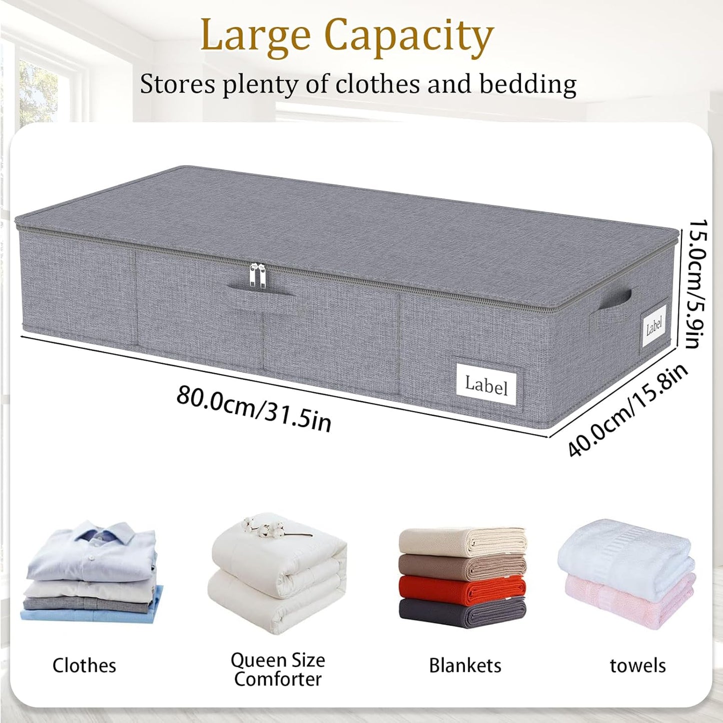 Yawinhe Foldable Underbed Storage Bags, Containers Bin with Lids, Large Under Bed Organizer Box, with Sturdy Zipper und Label Holders, for Clothing, 31.5''Lx15.7''Wx6''H, 4 Pack, Grey