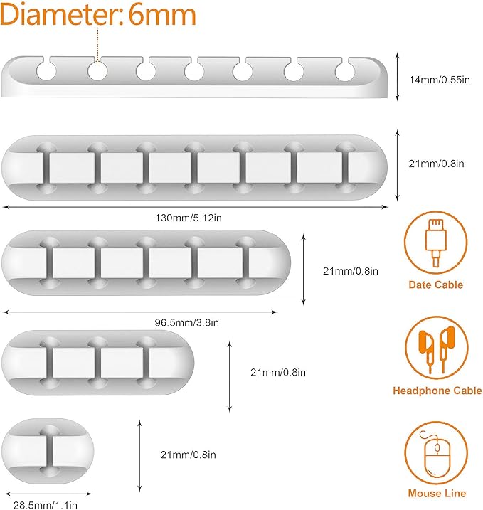 Cord Holder Cable Organizer Clips – Self Adhesive Cord Organizer for Desk, Car, Nightstands, Office, White Silicone Cord Keeper Cable Clips Wire Holders for Charger Cords (7-5-3-1-1 Slots)