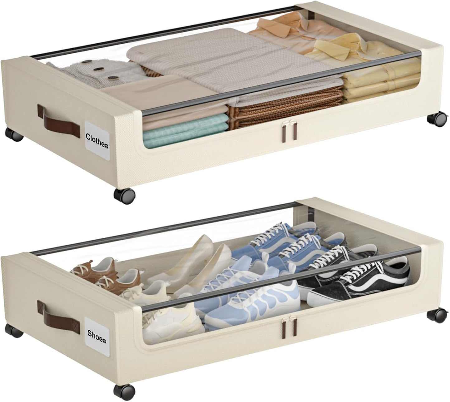 Under Bed Storage with Wheels,XXL 60L Under Bed Storage Containers with Clear Lids, Rolling Under Bed Metal Drawer for Clothes, Shoes,Toys (White, 2 Pack)