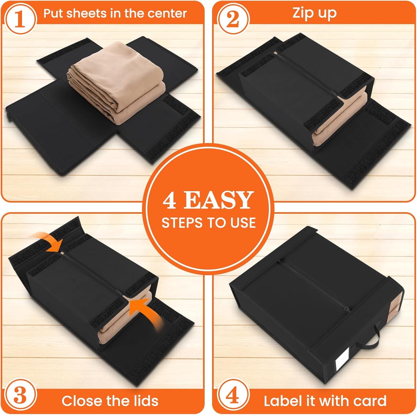 WOWBOX Sheet Organizers and Storage,Closet Bed Sheet Organizer Under Bed Storage and Organization with Label Cards & Clear Window for Bedding Sheets,Duvet Covers,Blankets (10 Pack，Black)