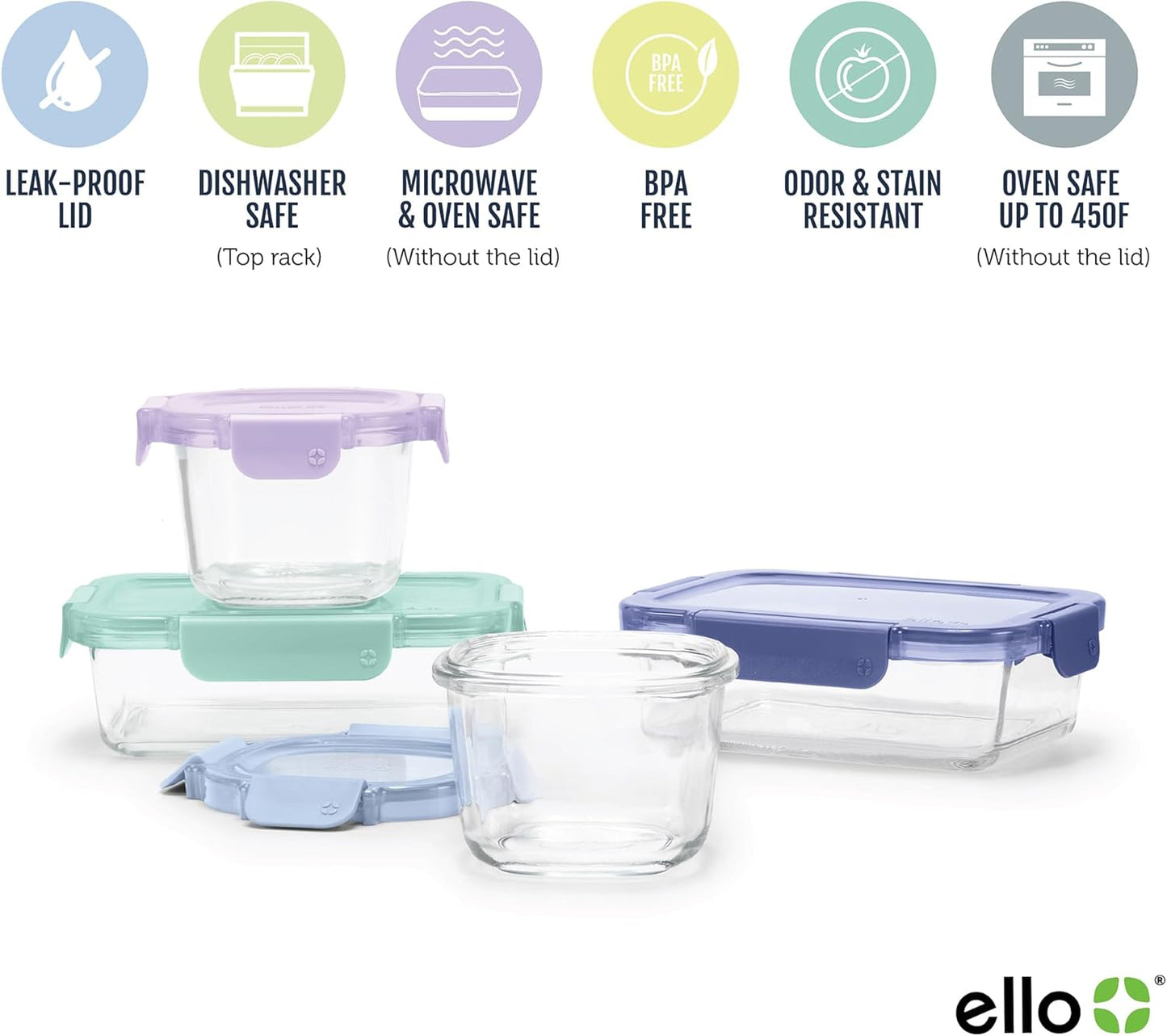 Ello Color Lock 8PC Mixed Glass Food Storage Sets, Leak-Proof Glass Food Storage Containers with Airtight BPA-Free Plastic Lids, Dishwasher, Microwave, and Freezer Safe, Purple Rain