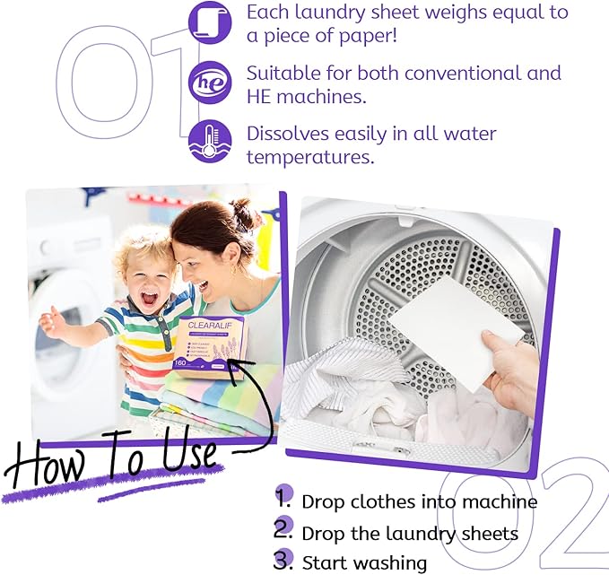 Laundry Detergent Sheets (160 Sheets), Lavender,Up to 320 Loads - Great For Travel,Apartments, Dorms,CLEARALIF Laundry Detergent Strips Eco Friendly & Hypoallergenic (80 Count, Pack of 2)