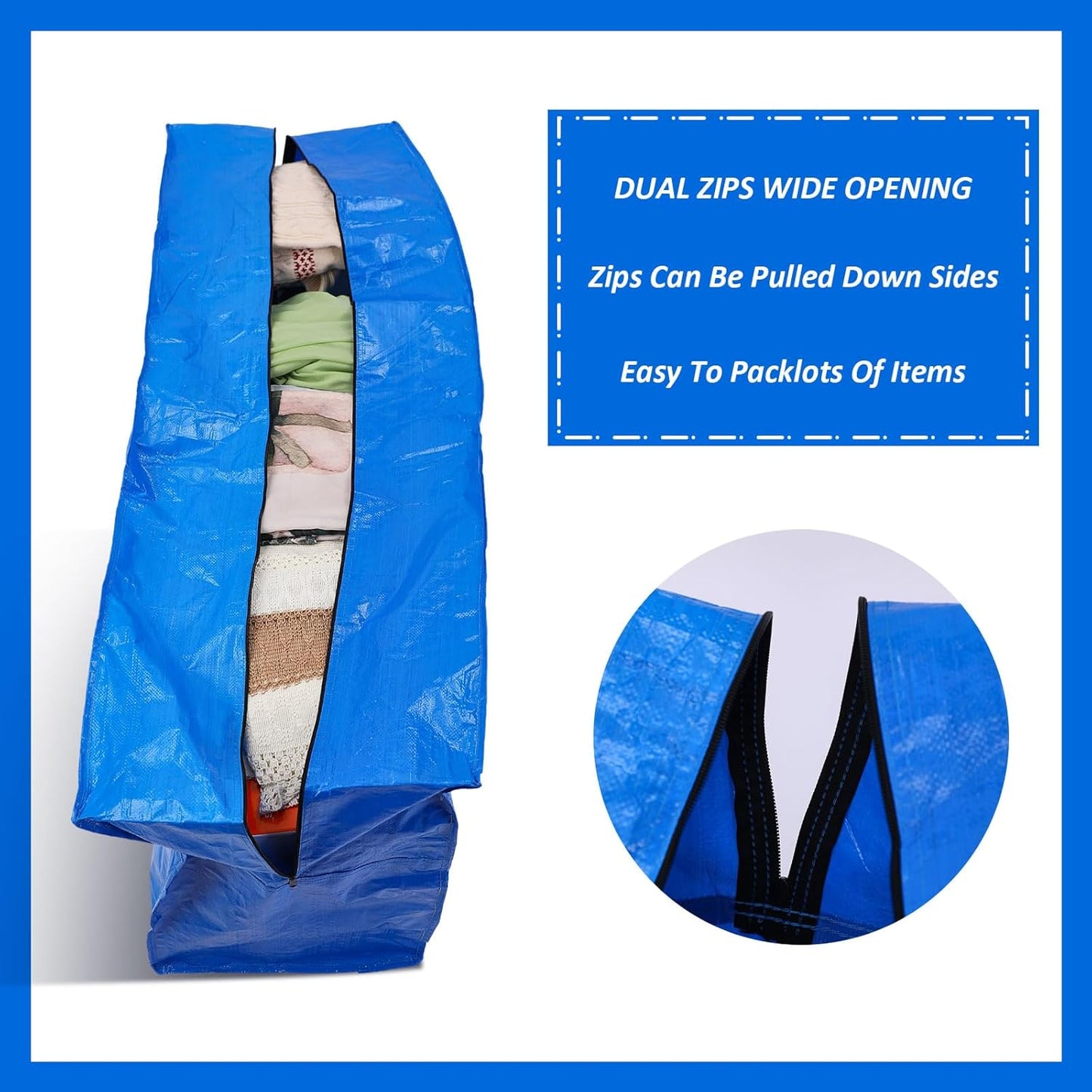 4 Pcs 96 Gallon Large Moving Bags with Zipper and Handles Foldable Storage Duffle Bags Heavy Duty Extra Large Totes for College Dorm Travel Clothes Blankets Bedding Moving (Blue)