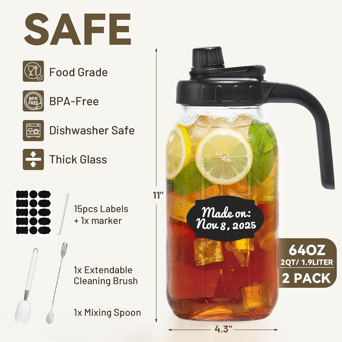 2 Pack Airtight Glass Pitcher with Lid for Fridge (Anti Cross-Odor) -Heavy Duty Leakproof Mason Jar Pitcher with Spout, Water Jug for Juice Coffee/Sun Tea + Mixing Spoon, Brush, Labels -2 Qt/64 Oz