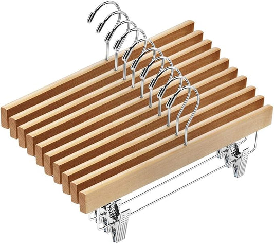 AMKUFO 20pcs Wooden Pants Hangers Solid Pants Hanger with Adjustable Clips 14 Inch Natural Wood Skirt Hangers Trousers Bottom Hanger with Non-Slip Clips and 360° Swivel Hook