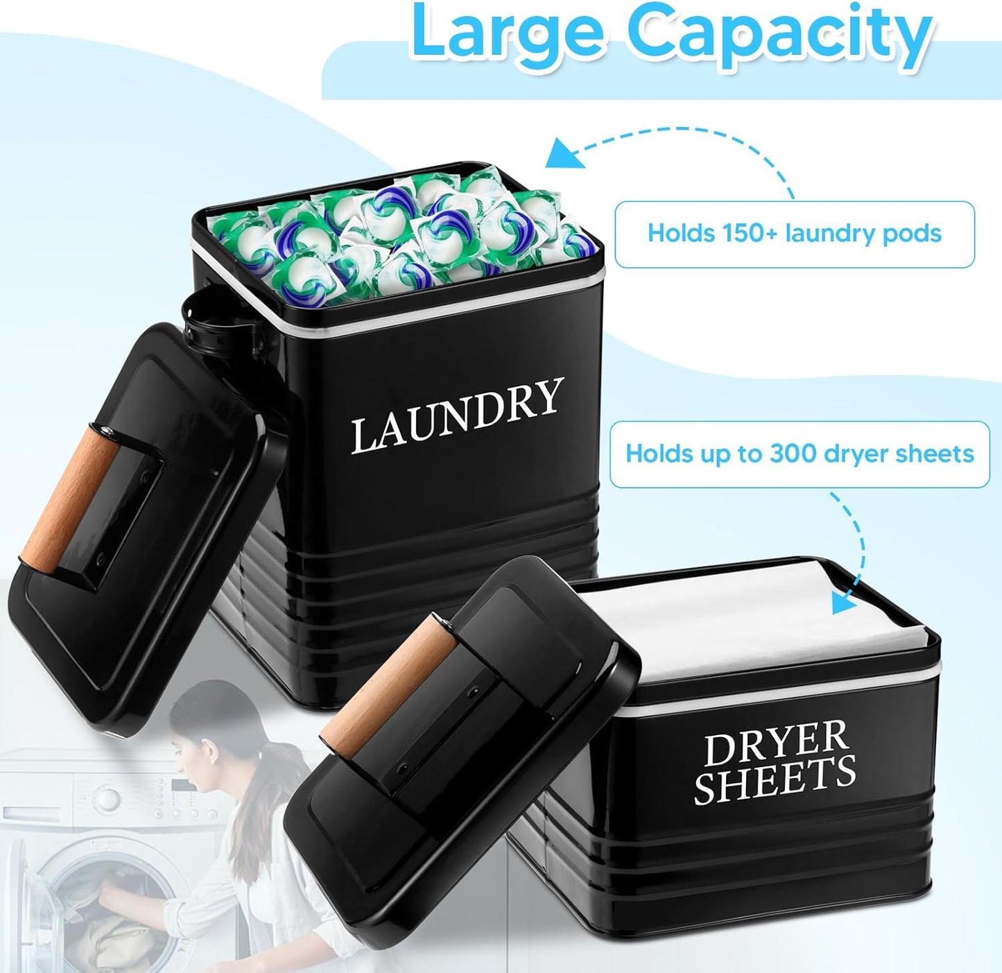 Metal Laundry Powder Container with Dryer Sheet Holder Modern Farmhouse Laundry Detergent Container with 1 Spoon Fabric Softener Dispenser with Lid for Space Saving Room Organization and Decor