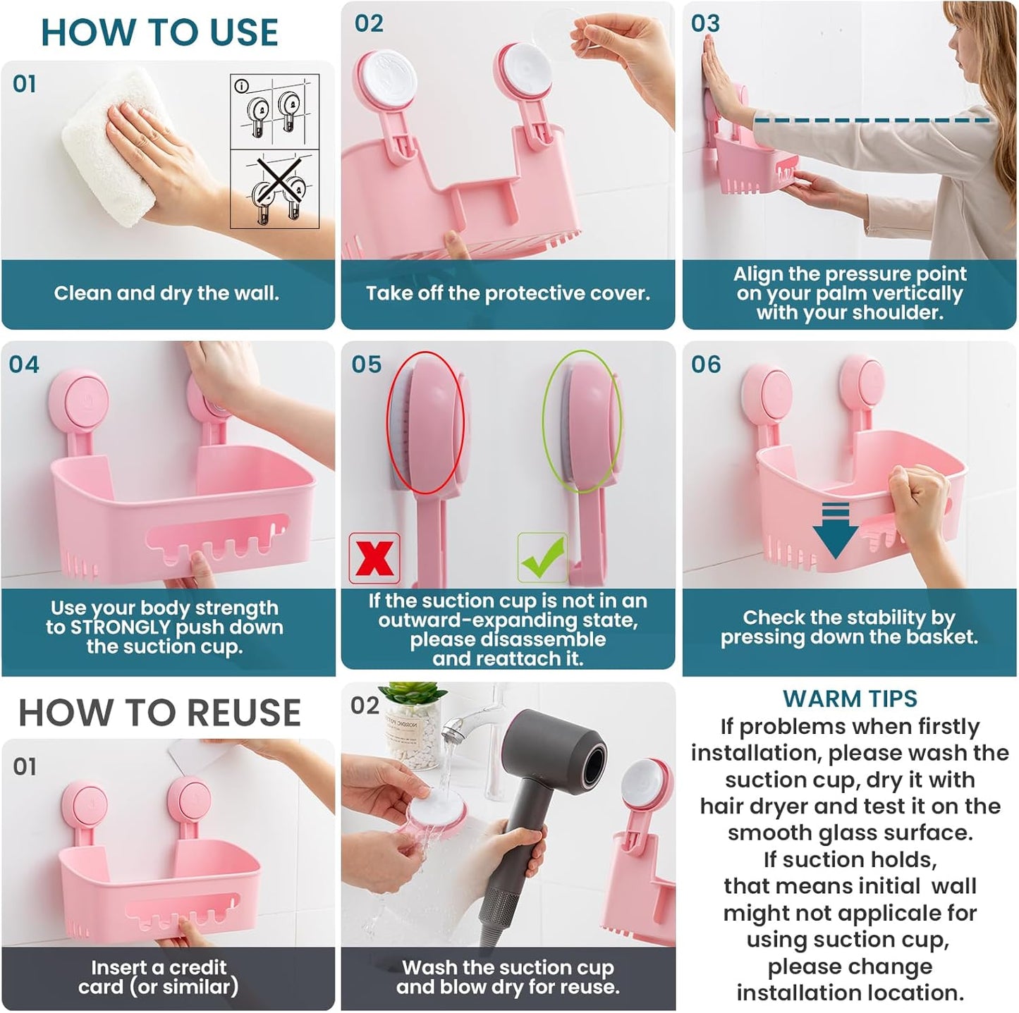 TAILI Shower Caddy Suction Cup 2 Pack, Heavy Duty Bathroom Organizer, Removable Shelves for Inside Shower, Shampoo, Waterproof Suction Plastic Storage for Bathroom Accessories Holder, Pink