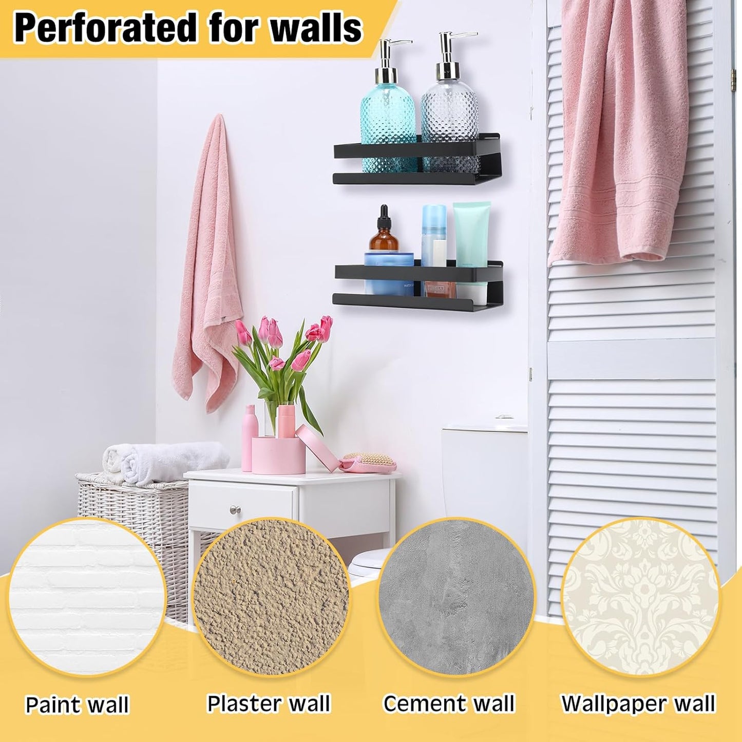 Lallisa 2 Pieces Stainless Steel Shelf Bathroom Shower Floating Shelves Wall Mounted Shower Caddy Basket Shelf Storage Organizer Shelves for Bathroom, Kitchen, Living Room (7.87 Inches/ 20 cm,Black)