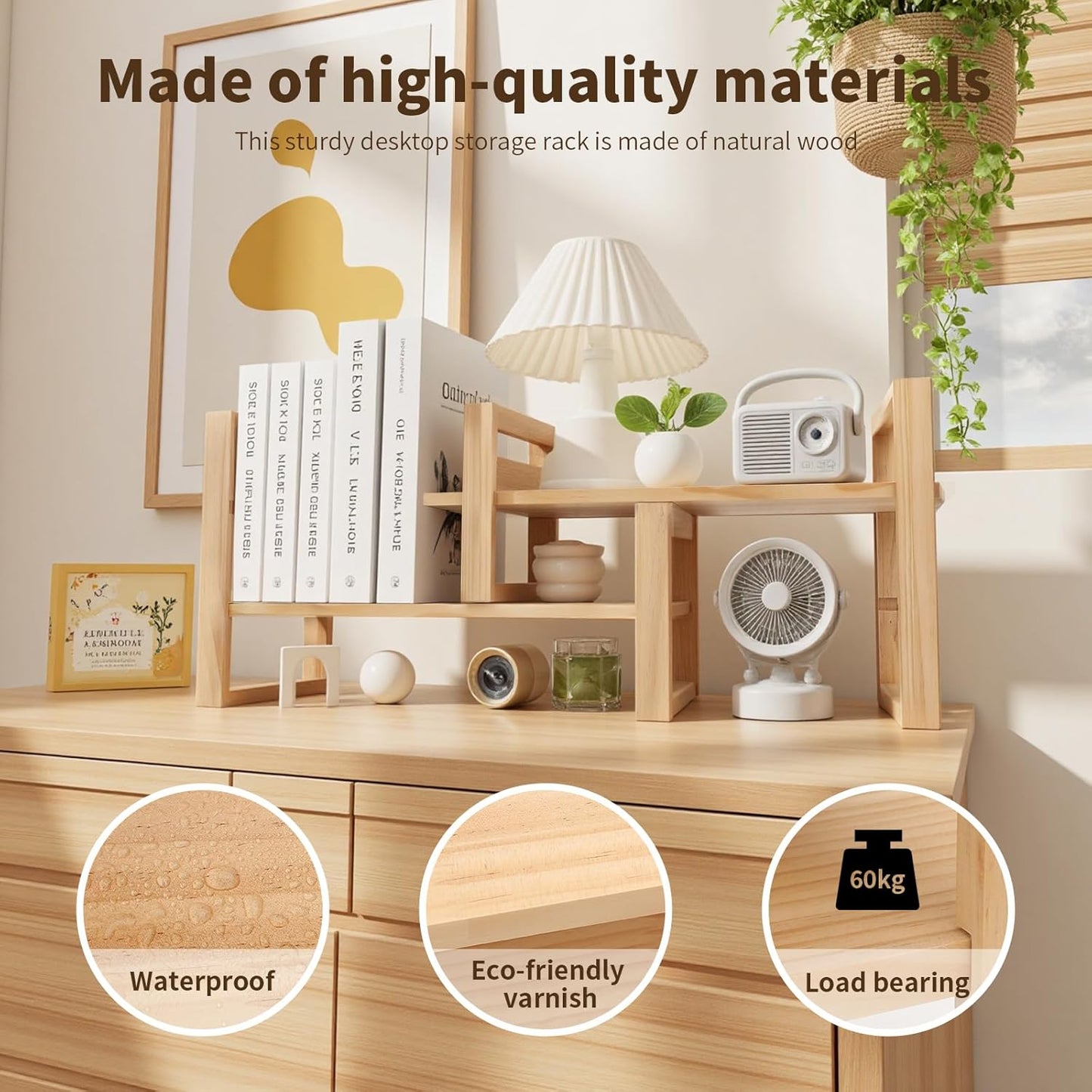 Desk Shelves Desktop Organizer Shelf - No Assembly Needed Holds 130lbs for Desk Organizers and Accessories Corner Bookshelf Table Top Shelving in Office, Books, Bathroom Storage-Pine Nature Wood Color