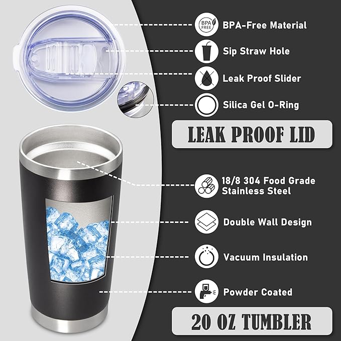 20 oz Tumbler Coffee Travel Tumblers Bulk with Lid Stainless Steel Double Wall Vacuum Insulated Mug Powder Coated Cups fit Car Cupholder for Hot and Cold - Black, 4Pack