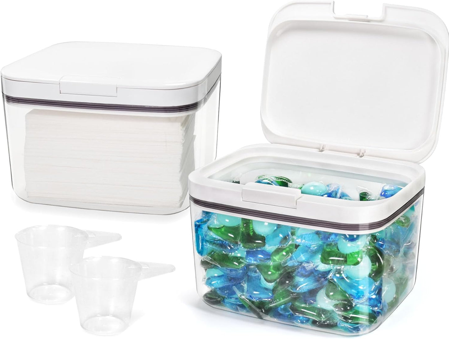 Laundry Pods Container Laundry Pod Holder with Lid, Laundry Room Storage Container for Detergent Pods Laundry Powder Scent Booster Container with Scoop (2 Pack)