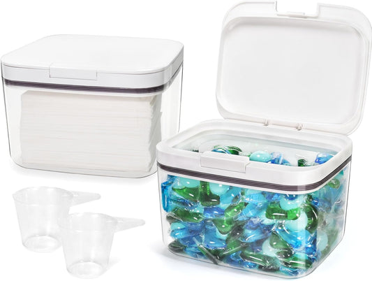 Laundry Pods Container Laundry Pod Holder with Lid, Laundry Room Storage Container for Detergent Pods Laundry Powder Scent Booster Container with Scoop (2 Pack)