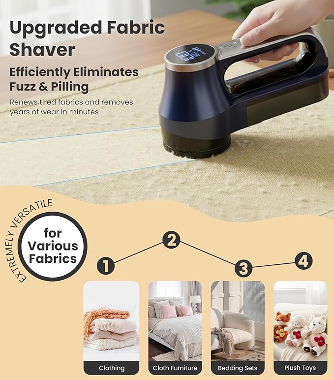 Rechargeable Fabric Shaver | 3-Speed Electric Lint Remover | 6 Blades High Eliminates Fuzz & Pilling | with LED Display & Type-C Fast Charging Port | Lint Shaver for Clothes & Furniture - Navy Blue