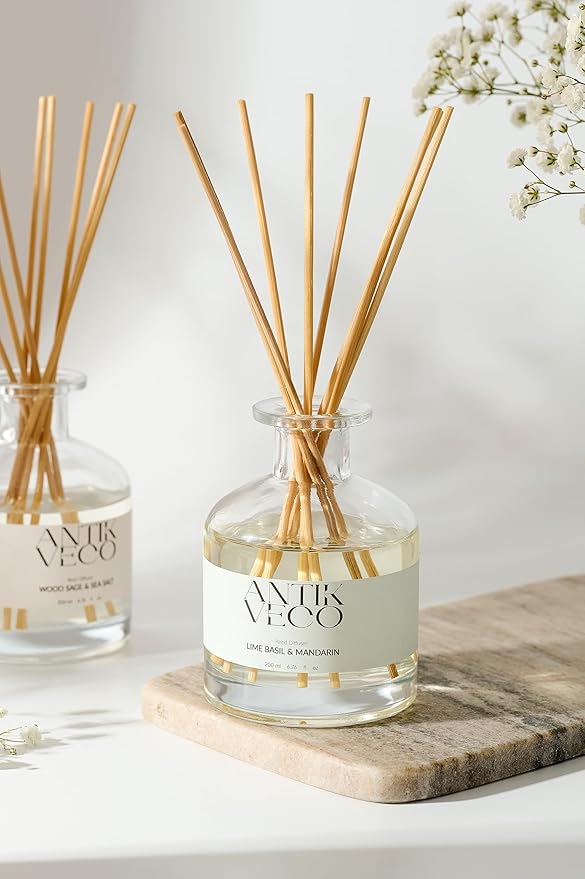 Lime Basil & Mandarin Reed Diffuser – Citrus & Herbal Diffuser for Home 6.7 fl oz – 8 Rattan Sticks – Premium Aromatherapy Oil – Elegant Glass Bottle – 90 Day Long Lasting Diffuser Set