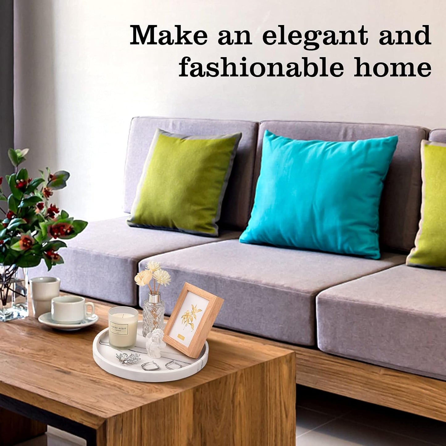 Emibele Vanity Tray, Resin Round Tray Decorative Storage Organizer for Bathroom Toilet Tank Bedroom Kitchen Countertop, Jewelry Storage Dresser Tray for Candle, Lotion Bottle, Cosmetics, Gravel White