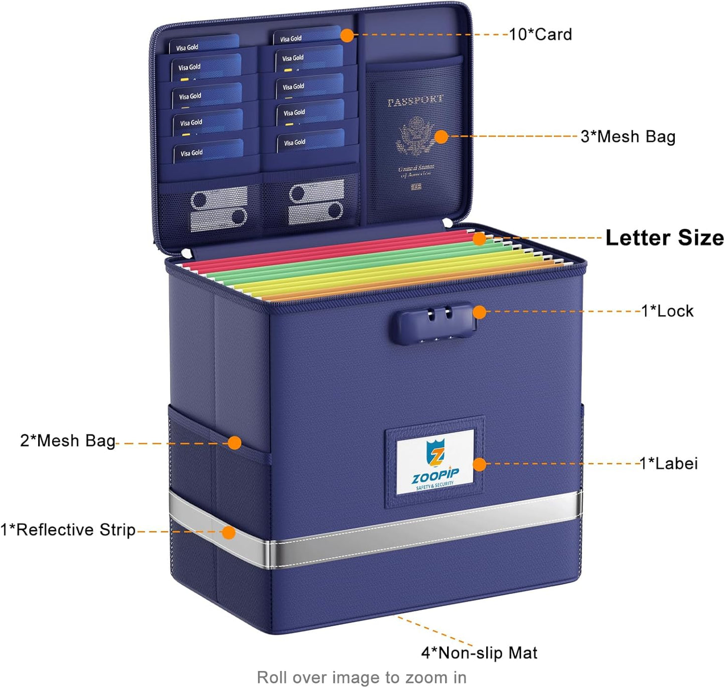 Fireproof File Box with Lock, Document Box Storage Organizer, Suitable for Hanging File Folders in Letter Size, Collapsible File Box, Reflective Strip for Fast Find (12.2"*6"*10.2, Blue)