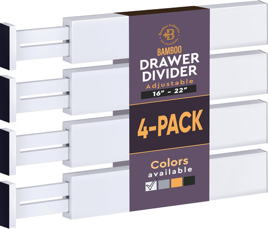 4 Pack Drawer Dividers Bamboo 2.6" High, 16-22" Adjustable Drawer Organizers for Clothes, Expandable Dresser Separators in Bedroom/Bathroom/Kitchen/Office Organization and Storage (White)