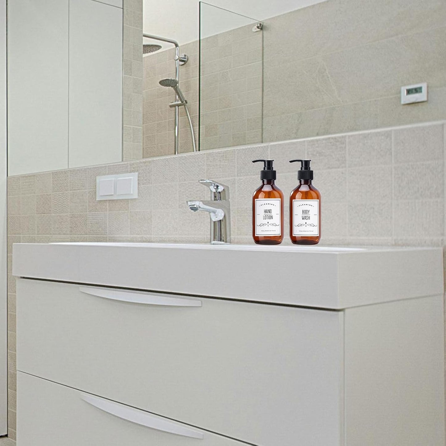 2 Pack Amber Plastic Soap Dispenser, 16 oz Bathroom Pump Bottles Dispenser Refillable Containers with Labels for Lotion Shampoo Body Wash Hand Dish Soap