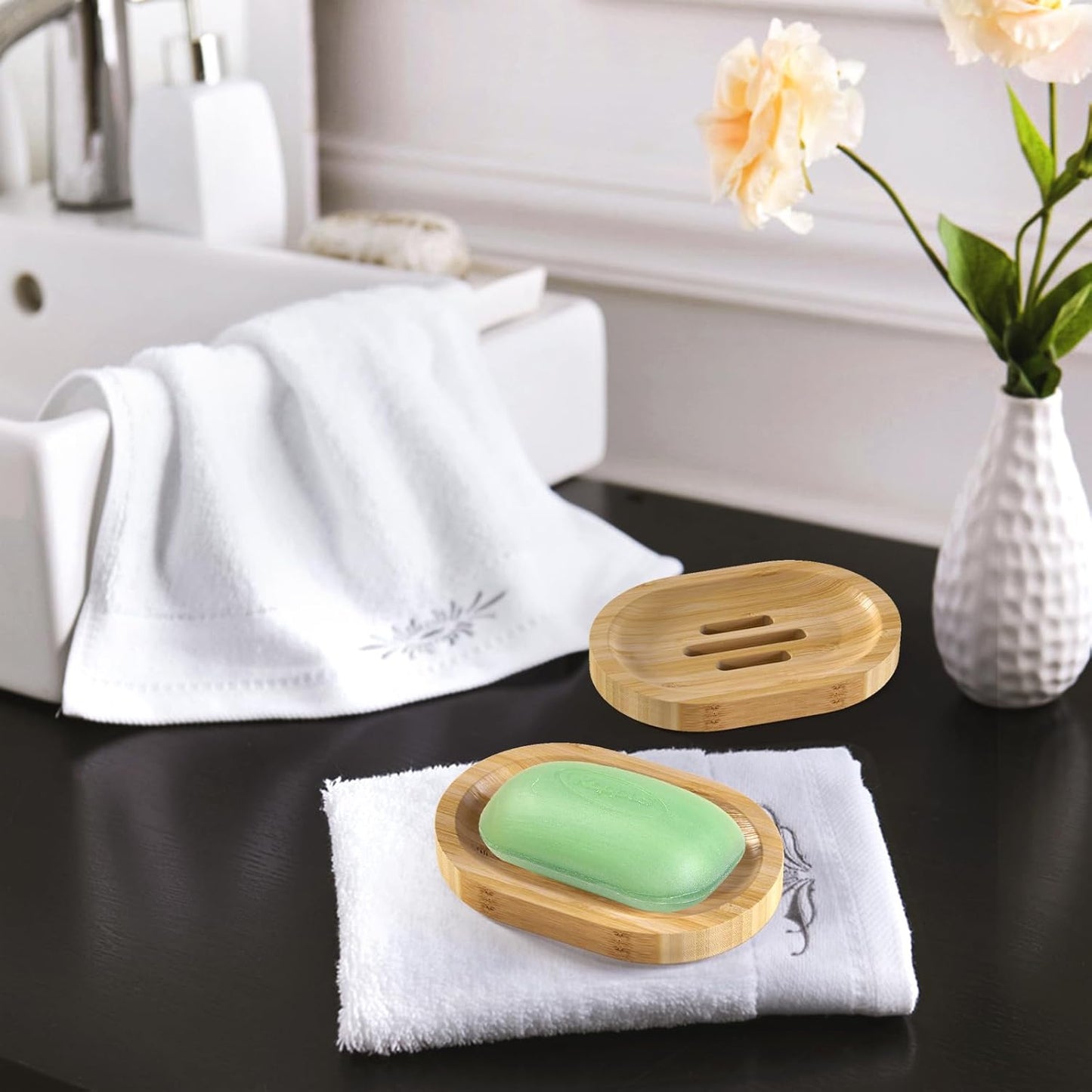 AmazerBath Bamboo Soap Holder, Bamboo Soap Dish, 2 Pack Soap Dishes for Bar Soap, Soap Tray Self Draining, Oval Soap Saver for Shower, Bathroom, Kitchen