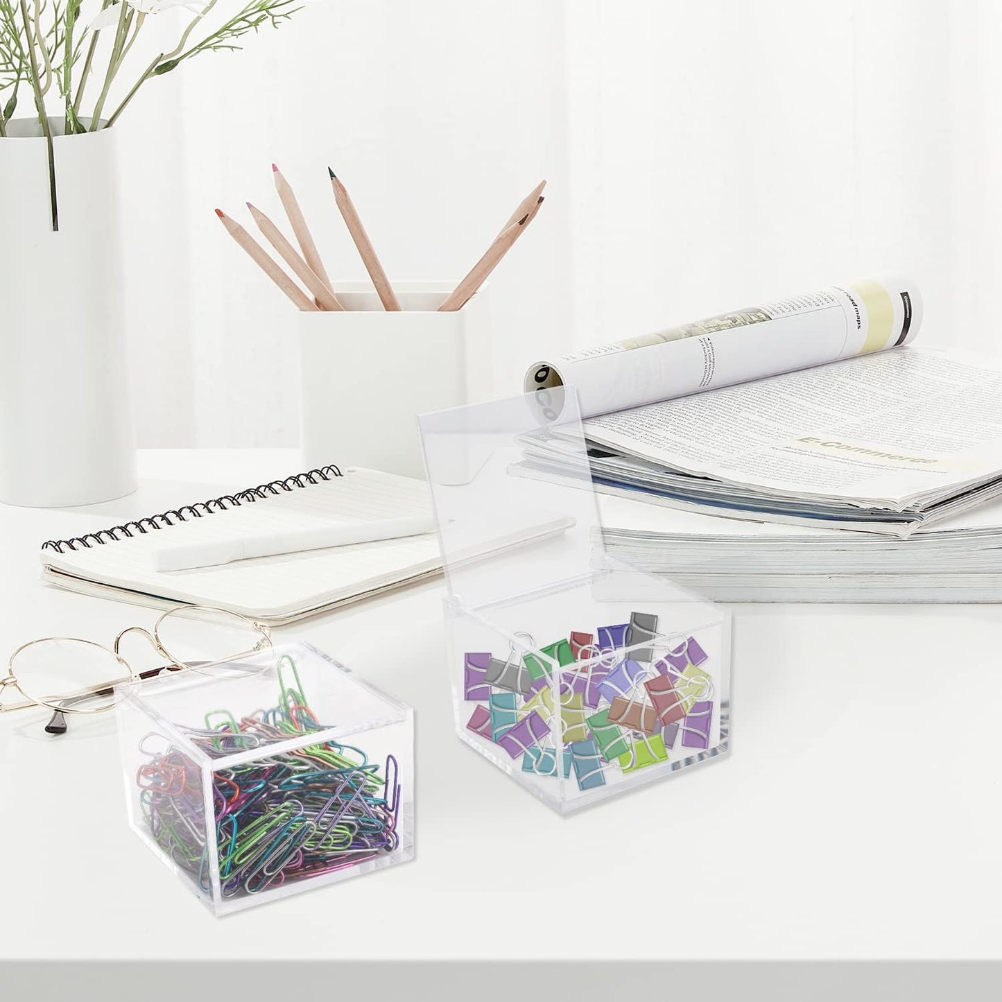 2 Pack Small Clear Acrylic Organizer with Lid for Paper Clips,Sticky Note,Qtip,Cotton Balls,Hair Ties Holder Acrylic Box for Home office Bathroom Desk Organizer