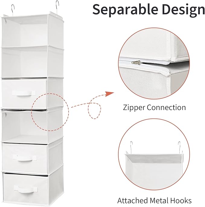 GRANNY SAYS 6-Shelf Hanging Organizer for Closet, Separable to 2 Pack 3-Shelf Hanging Shelves, Organization and Storage with 3 Different Drawers, 4 Side Pockets, White, 1-Pack