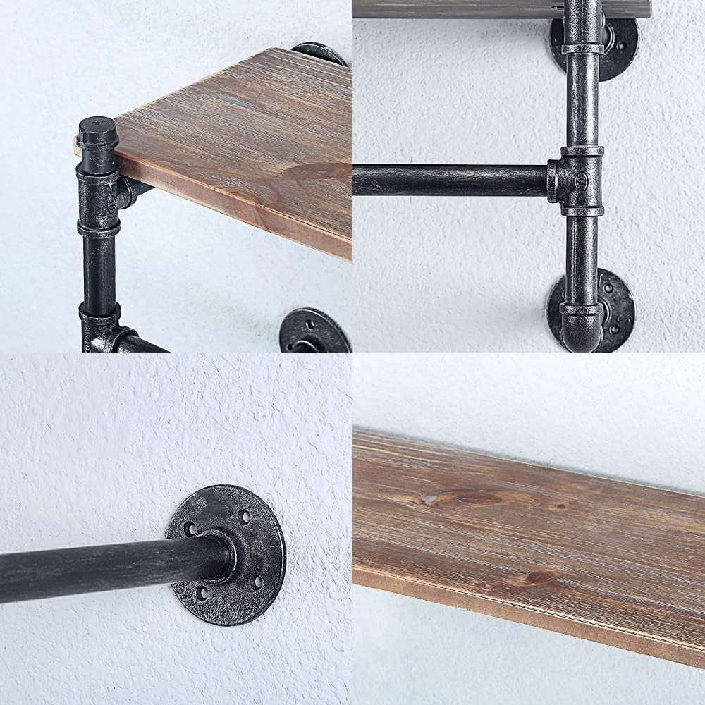 Industrial Pipe Clothing Rack Wall Mounted with Real Wood Shelf,Pipe Shelving Floating Shelves Wall Shelf,36in Retail Clothes Racks Display Rack