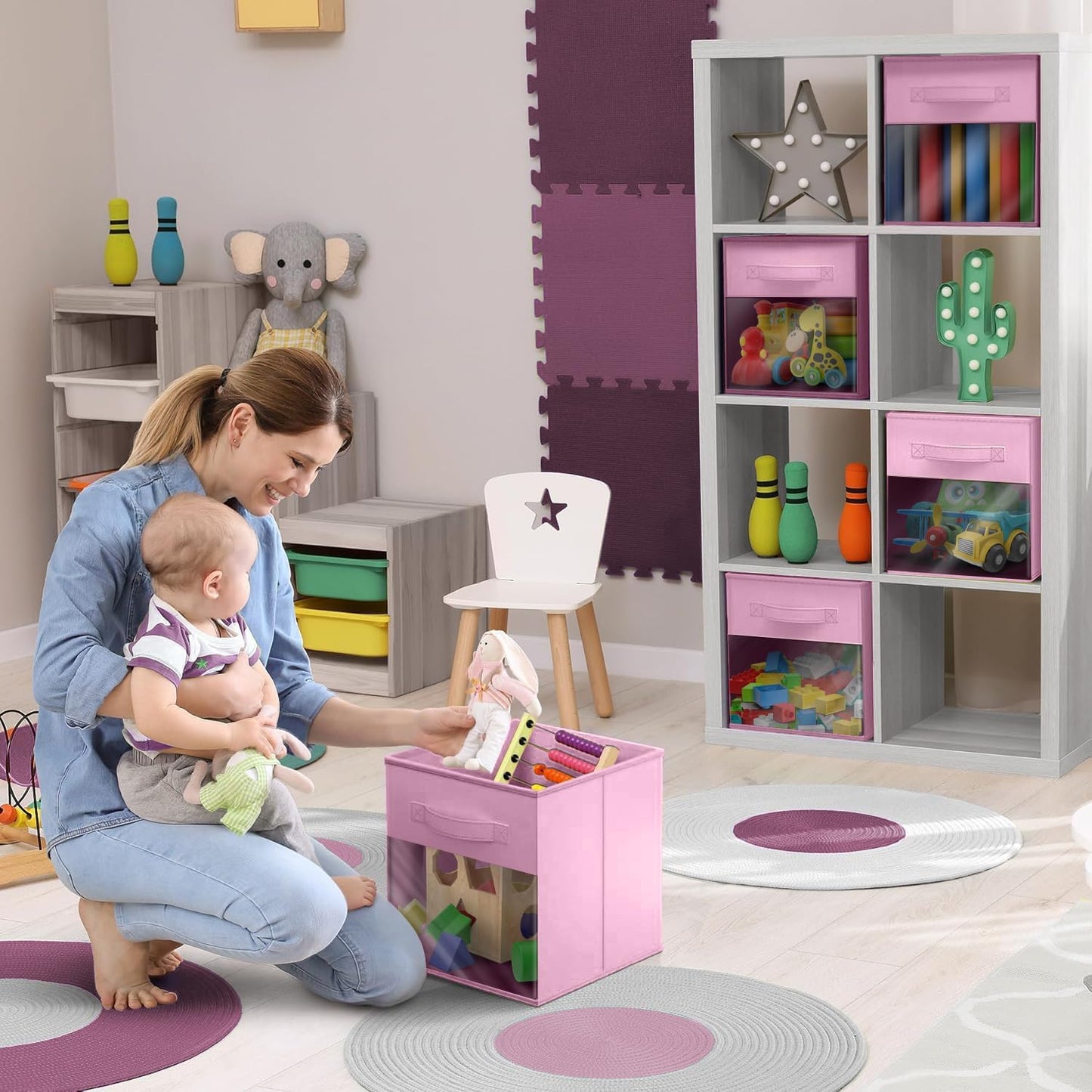 Sorbus 13 Inch Storage Bins with Clear Window - 6 Foldable Baskets for Organizing Clothes, Toys, Books - Sturdy Collapsible Fabric Storage Cubes with Handle - Storage Baskets for Shelves, Closets