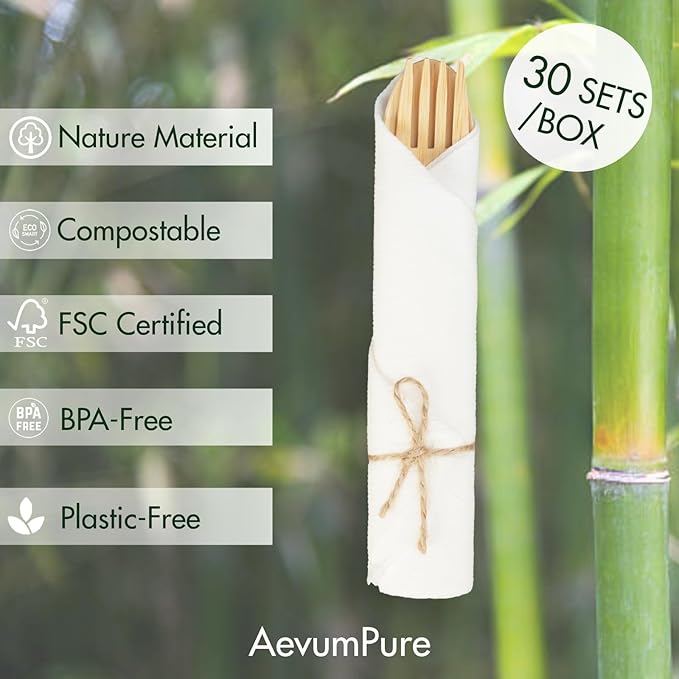 Pre Rolled Napkin and Bamboo Cutlery Set - 30 Sets (120 PCS)Disposable Wrapped Bamboo Utensils (30Compostable Napkins,30Forks,30Spoons,30Knives)-Wooden Silverware/Wrapped Plastic Tableware Alternative