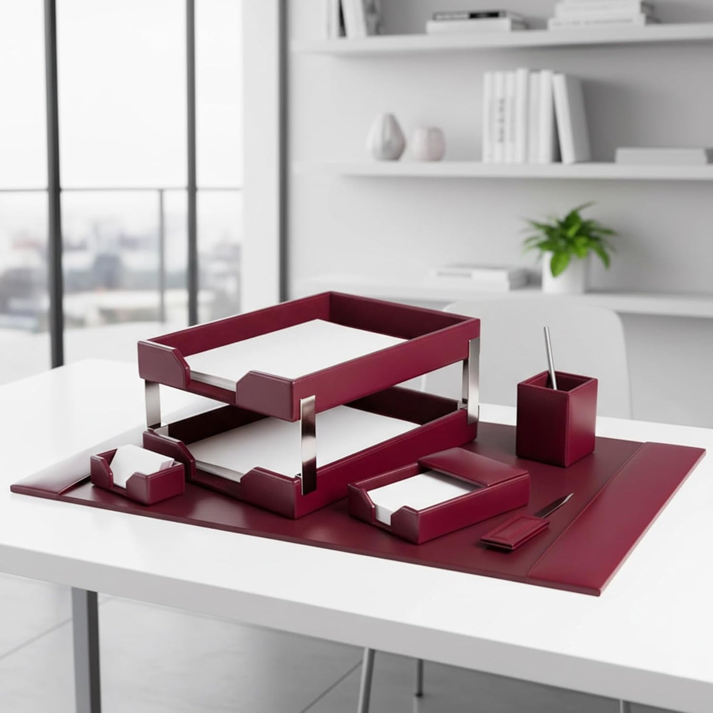 DACASSO Bonded Leather Desk Set - Luxury Leather Desk Pad & Desk Organization Essentials (Burgundy, 8 Piece)