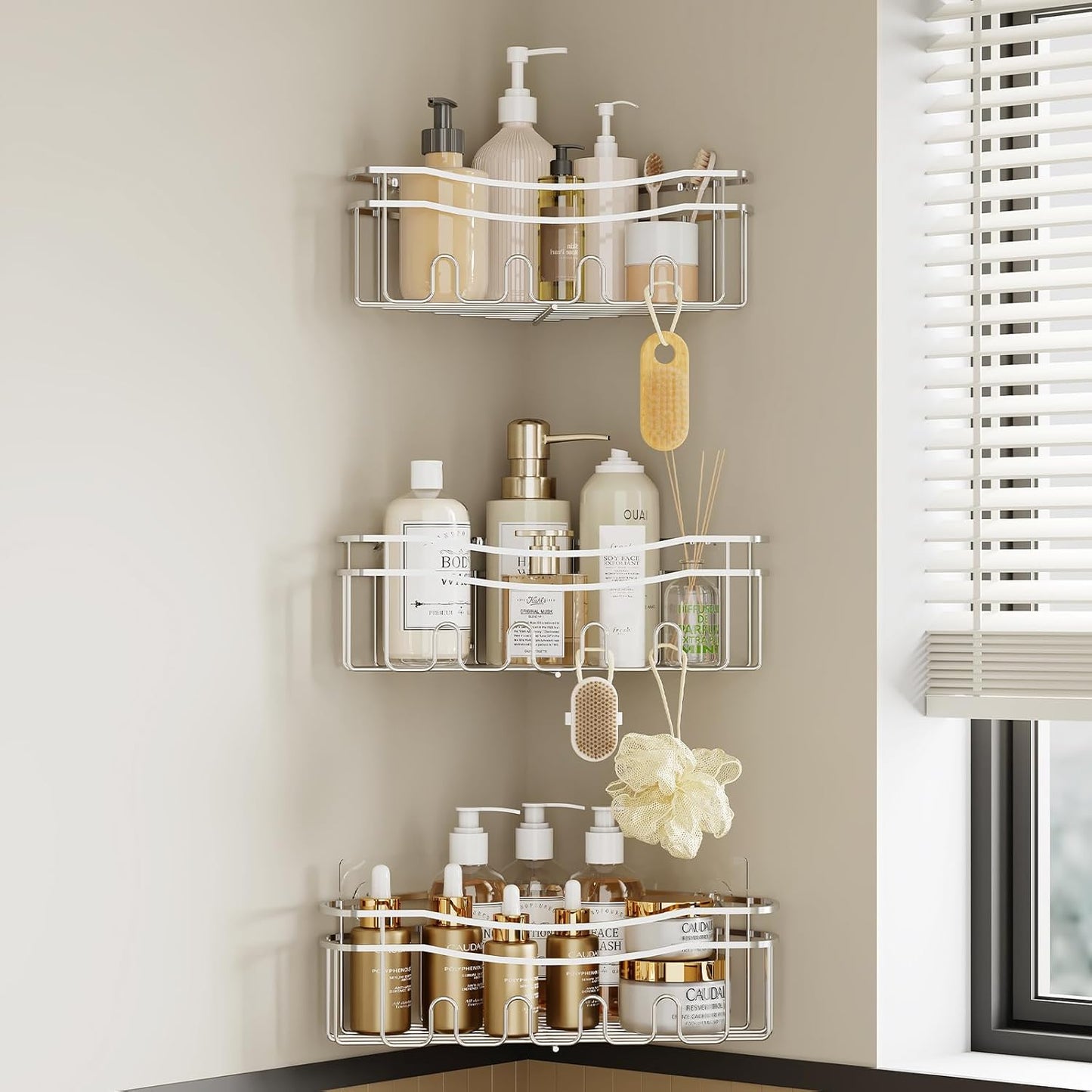 Chrome corner shower caddy with depth caddy and Built in 12 hooks rustproof adhesive wall mounted shower shelf 3 pack chrome triangle shower storage for bathroom kitchen and laudry room