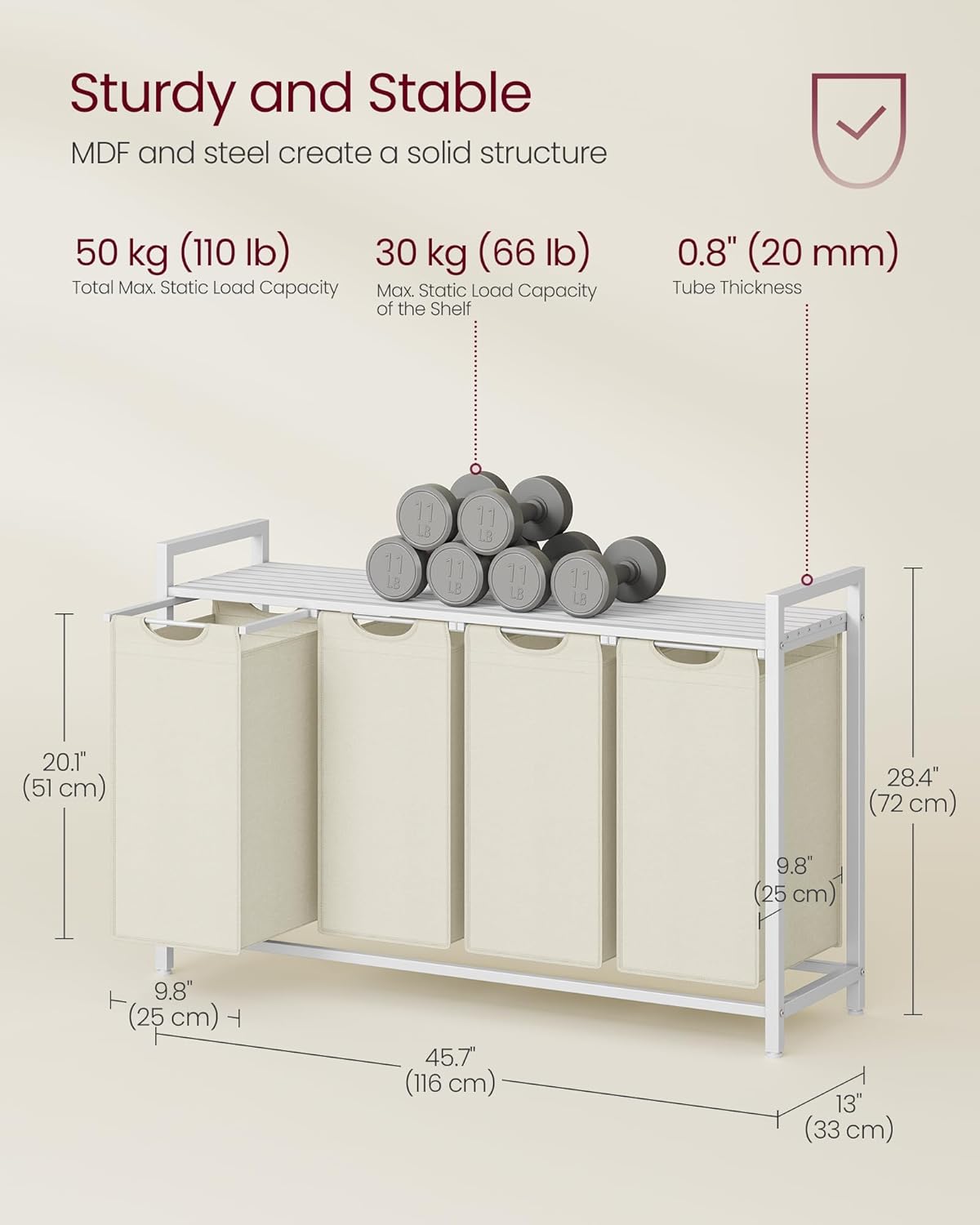 VASAGLE Laundry Hamper, Laundry Basket, Laundry Sorter with 4 Pull-Out and Removable Bags, Shelf, Metal Frame, 4 x 10.6 Gallons (40 L), 45.7 x 13 x 28.4 Inches, Cream White and Cloud White UBLH401W01