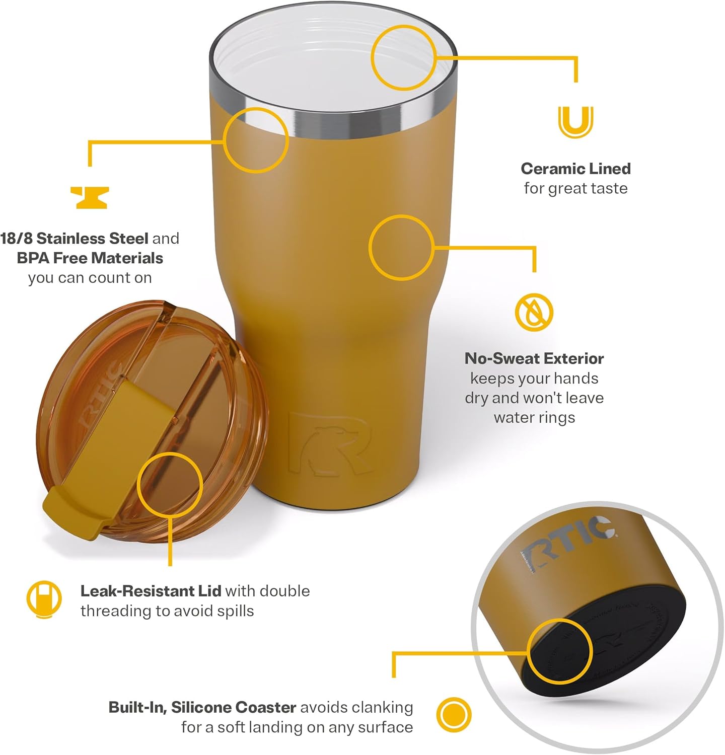 RTIC 30oz Essential Tumbler with Lid, Ceramic Lined, Insulated, Stainless Steel, Metal, Double Wall Vacuum-Insulation, Travel Cup for Iced Coffee, Tea, Hot and Cold Drink, Harvest