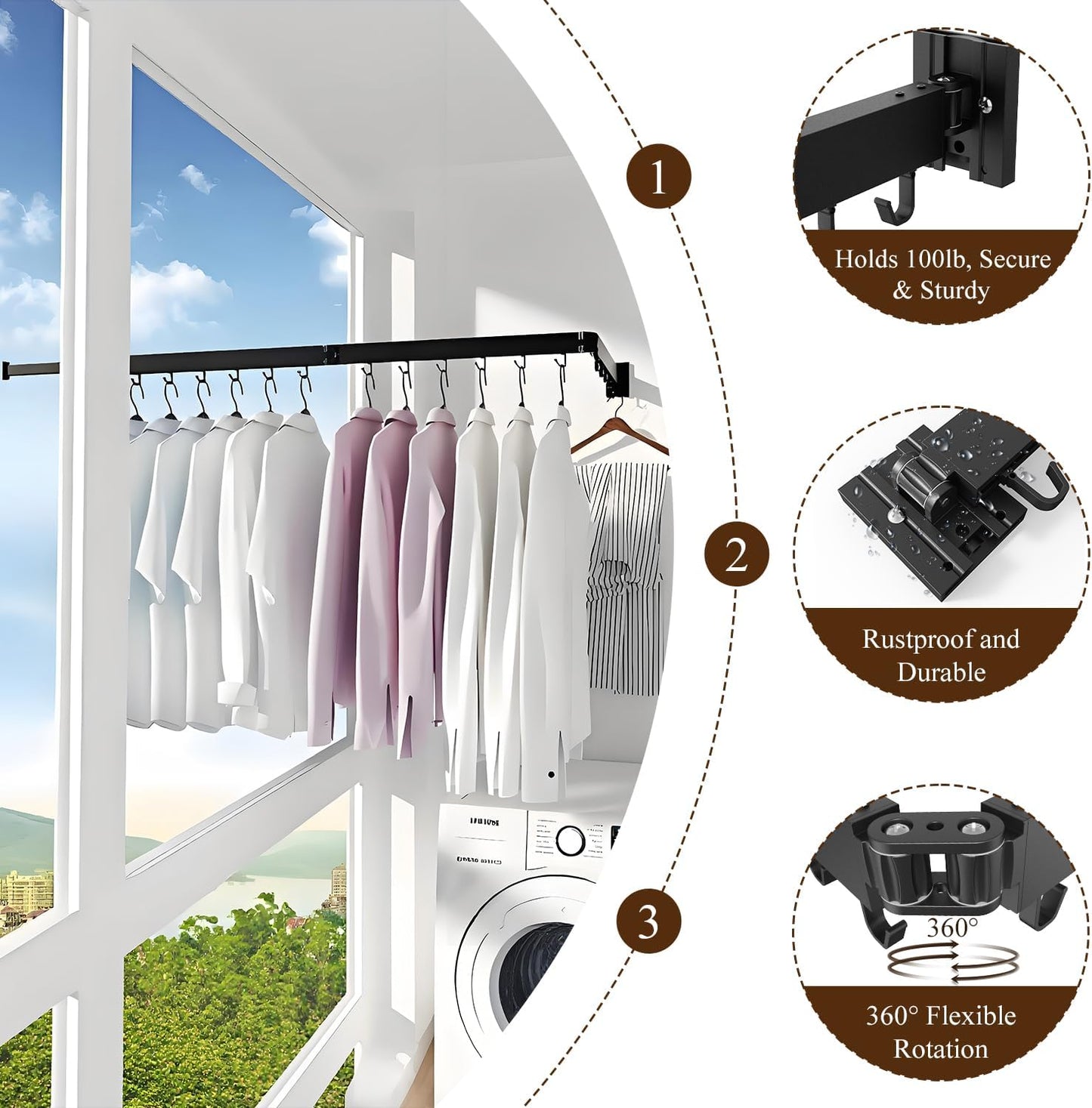 SVELTHOME Clothes Drying Rack Wall Mounted, Foldable Laundry Drying Rack,Retractable Tri-Fold Space Saver for Laundry Room Bathroom (Black)