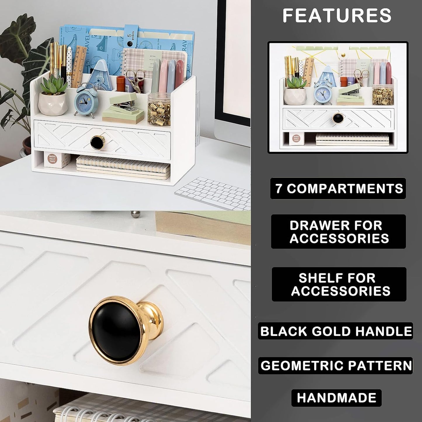 white Wood Desk Organizer and Accessories with Drawer, Bill Mail Organizer and File Mail Holder for Office Supplies, Desk Accessories & Workspace Organizers for Desk Organization