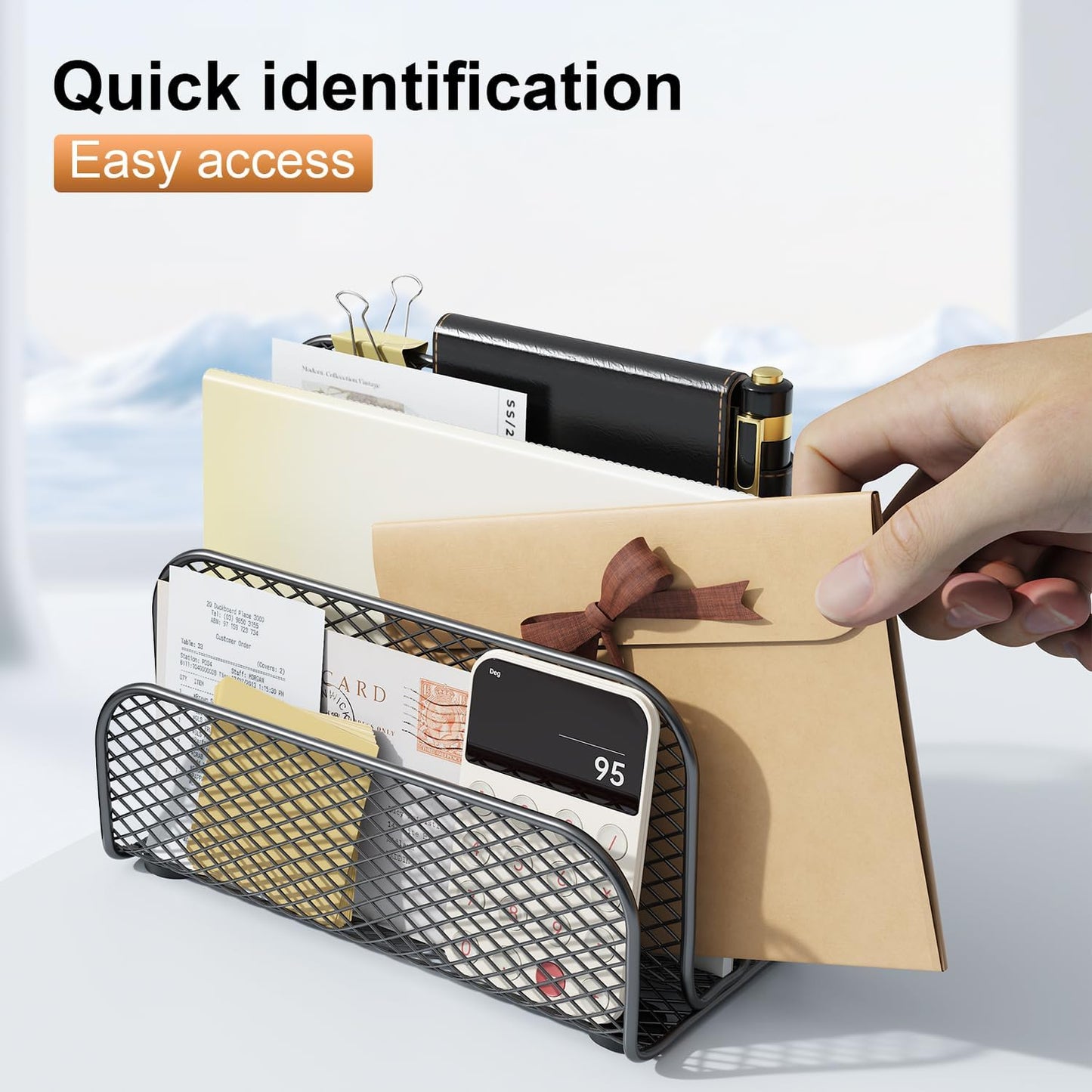 gianotter Mail Organizer Countertop, Metal File Holder with 3-Slot, Bill Organizer for Office Receipts and Letter Paper Storage (Black)