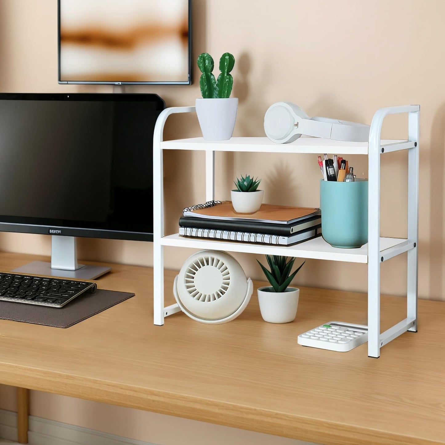 Desktop Shelf Organizer, 2-Tier Office Desk Shelf for Top of Desk, Wood & Metal Bookshelf Supplies Storage Rack (White)
