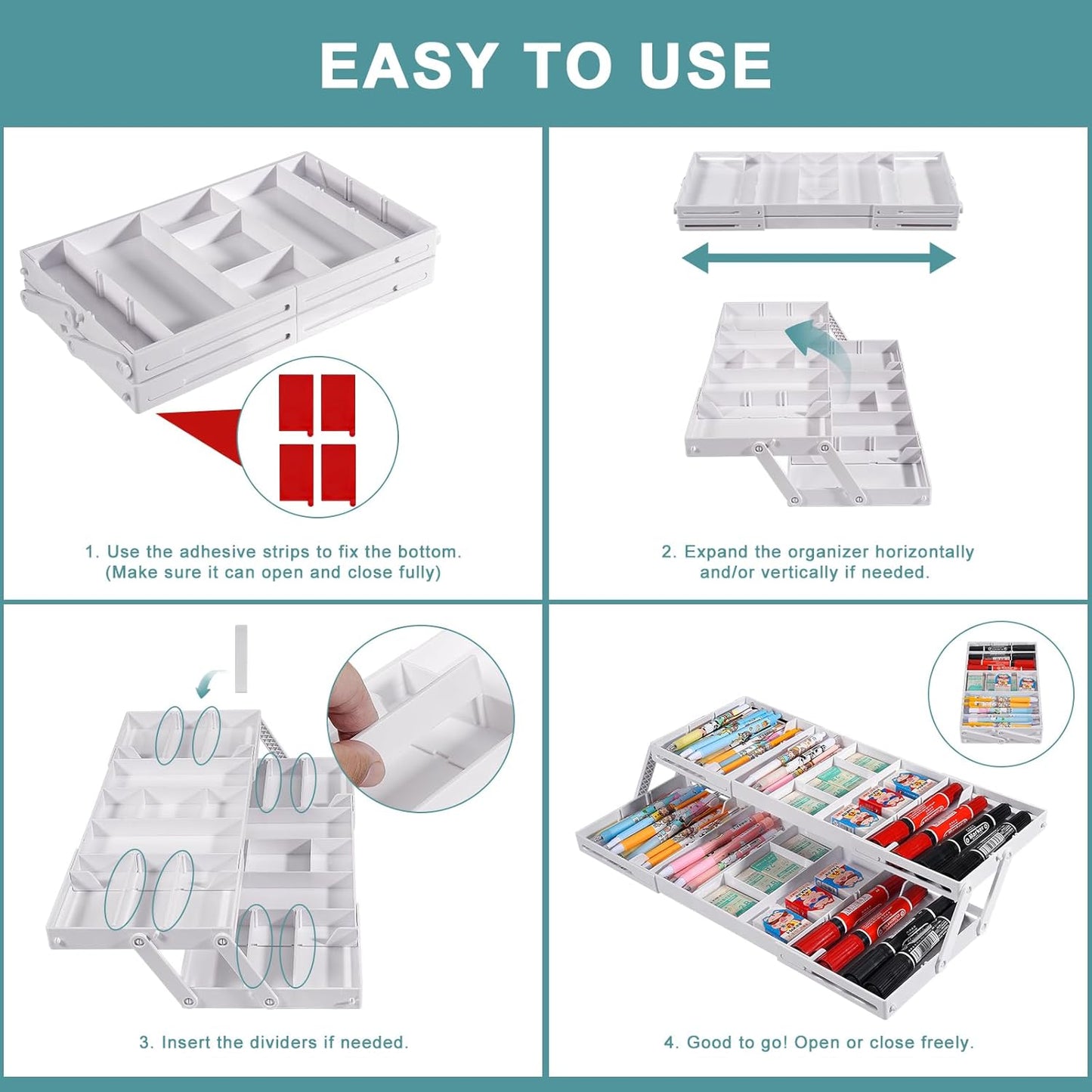 Aobiono Multi Level Smart Drawer Organizer, Multi Tier Expandable Storage Collapsible Foldable Trays for Jewelry, Cosmetics, Makeup, Tools, Battery (White, Single Row - 2 Levels)