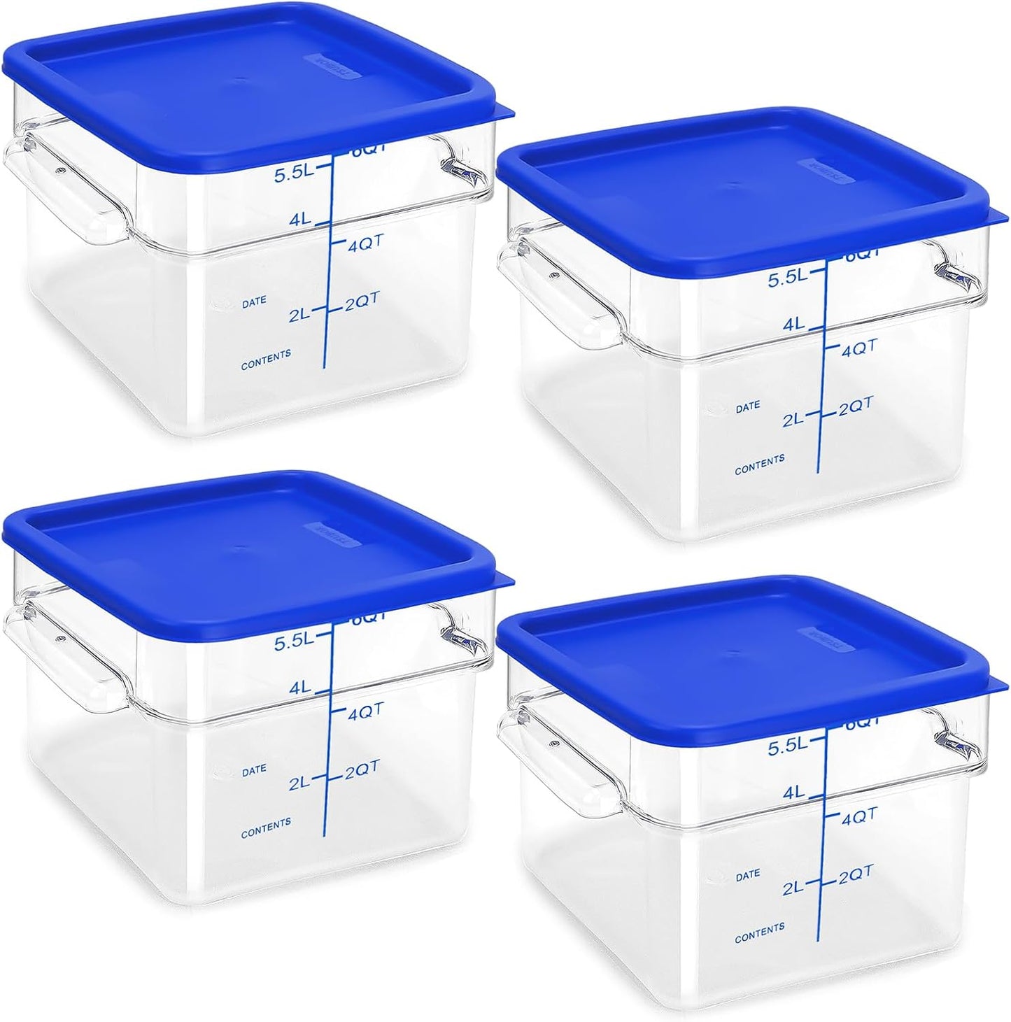 4 Pack Food Storage Containers with Blue Lids, 6.0 Qt - Square, Clear, Polycarbonate