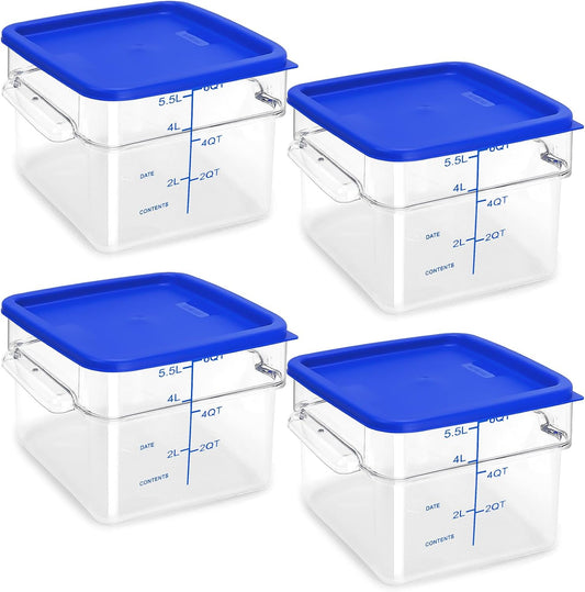 4 Pack Food Storage Containers with Blue Lids, 6.0 Qt - Square, Clear, Polycarbonate