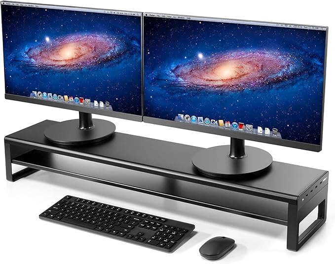 Vaydeer 2 Tiers Dual Monitor Stand USB 3.0 Aluminum Monitor Riser Strong & Sturdy Suitable for Computer,PC Monitor, Laptop, TV, Printer Metal Desk Organizer black