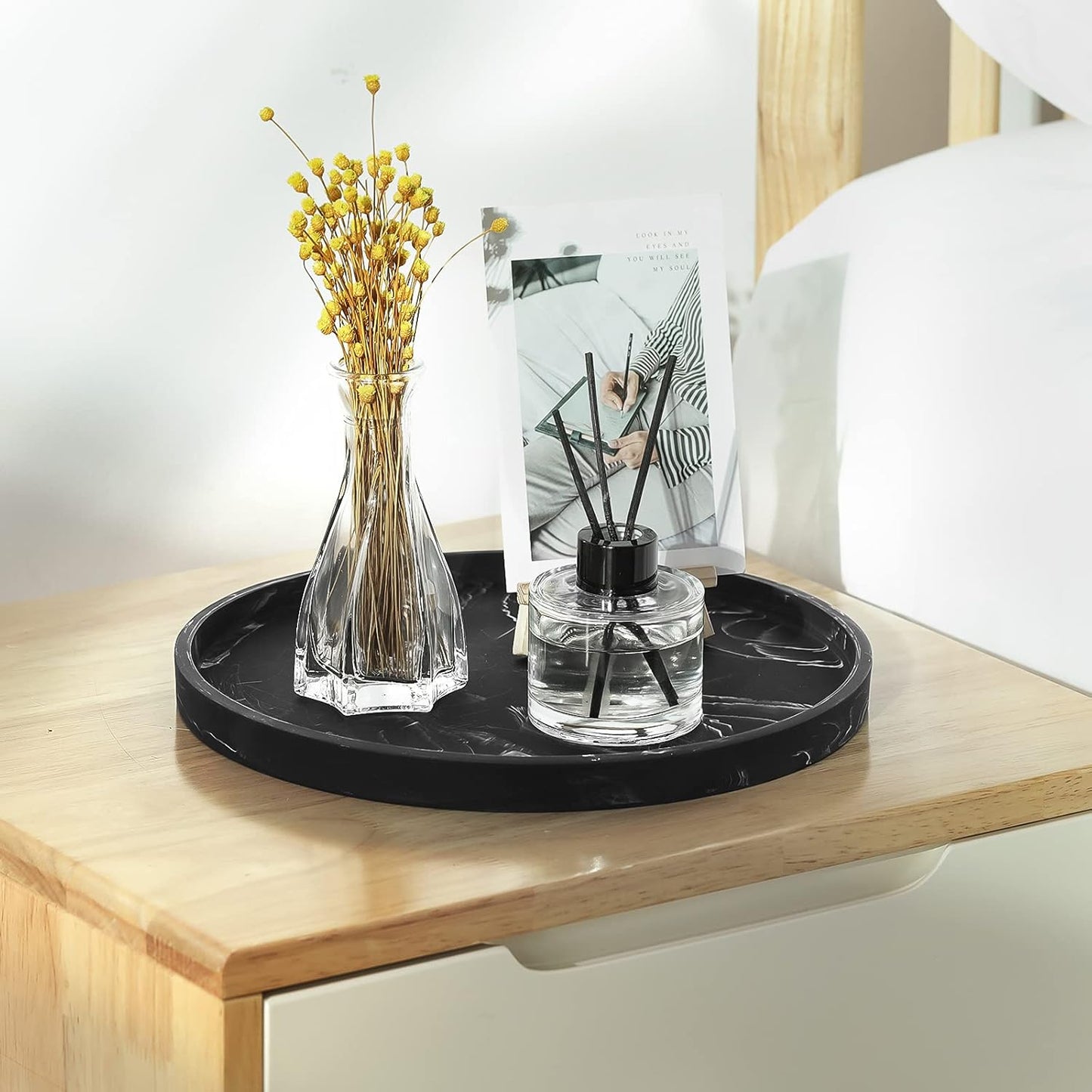 Emibele Vanity Tray, Resin Round Tray Decorative Storage Organizer for Bathroom Toilet Tank Bedroom Kitchen Countertop, Jewelry Storage Dresser Tray for Candle,Lotion Bottle,Cosmetics, Matte Ink Black